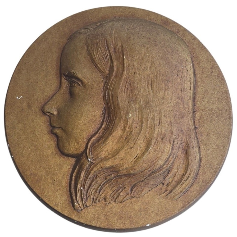 Vintage Art Nouveau Gold Chalkware Woman Profile Round Wall Plaque Relief 9.5 in